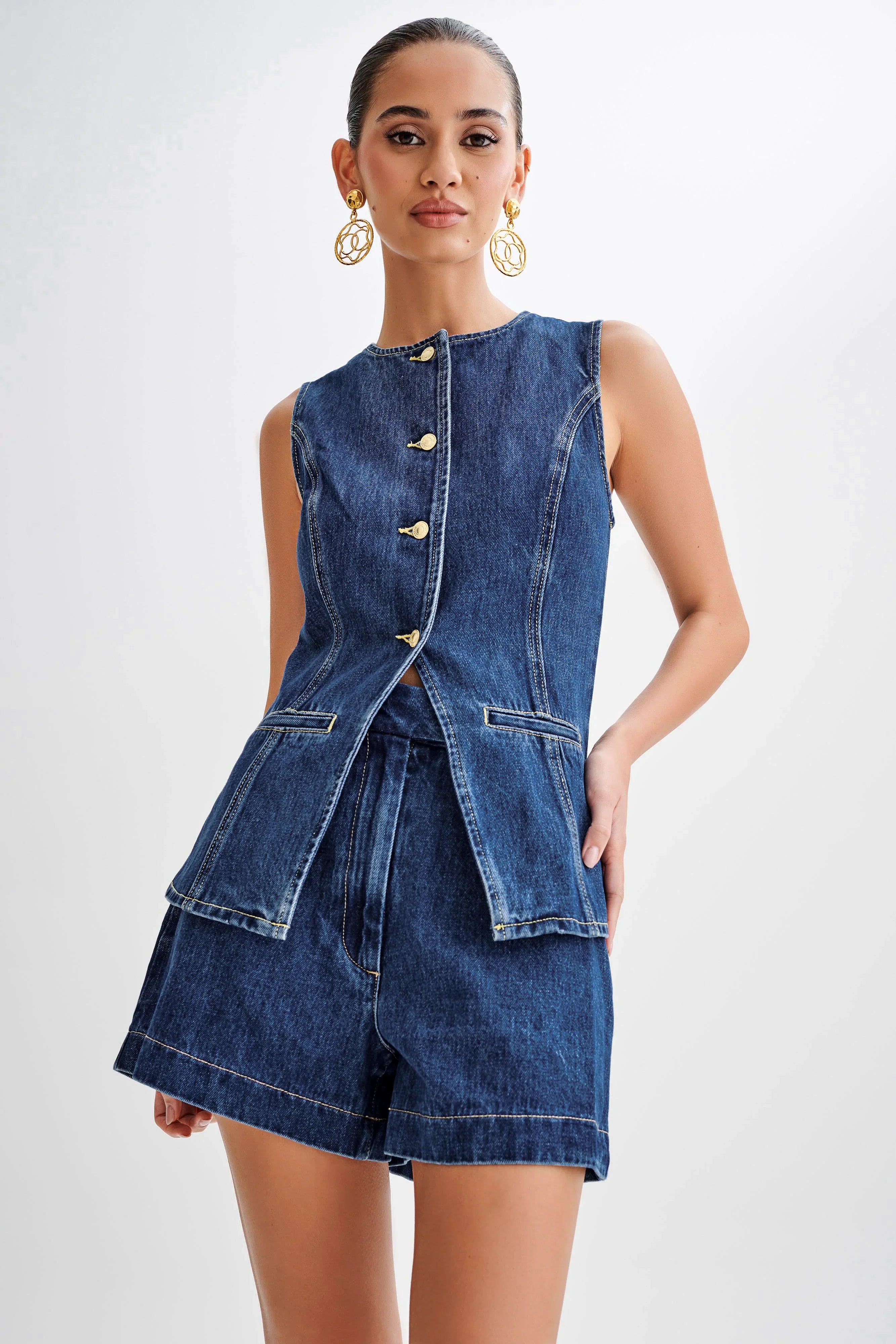 Milly Two-Piece Longline Denim Vest Set