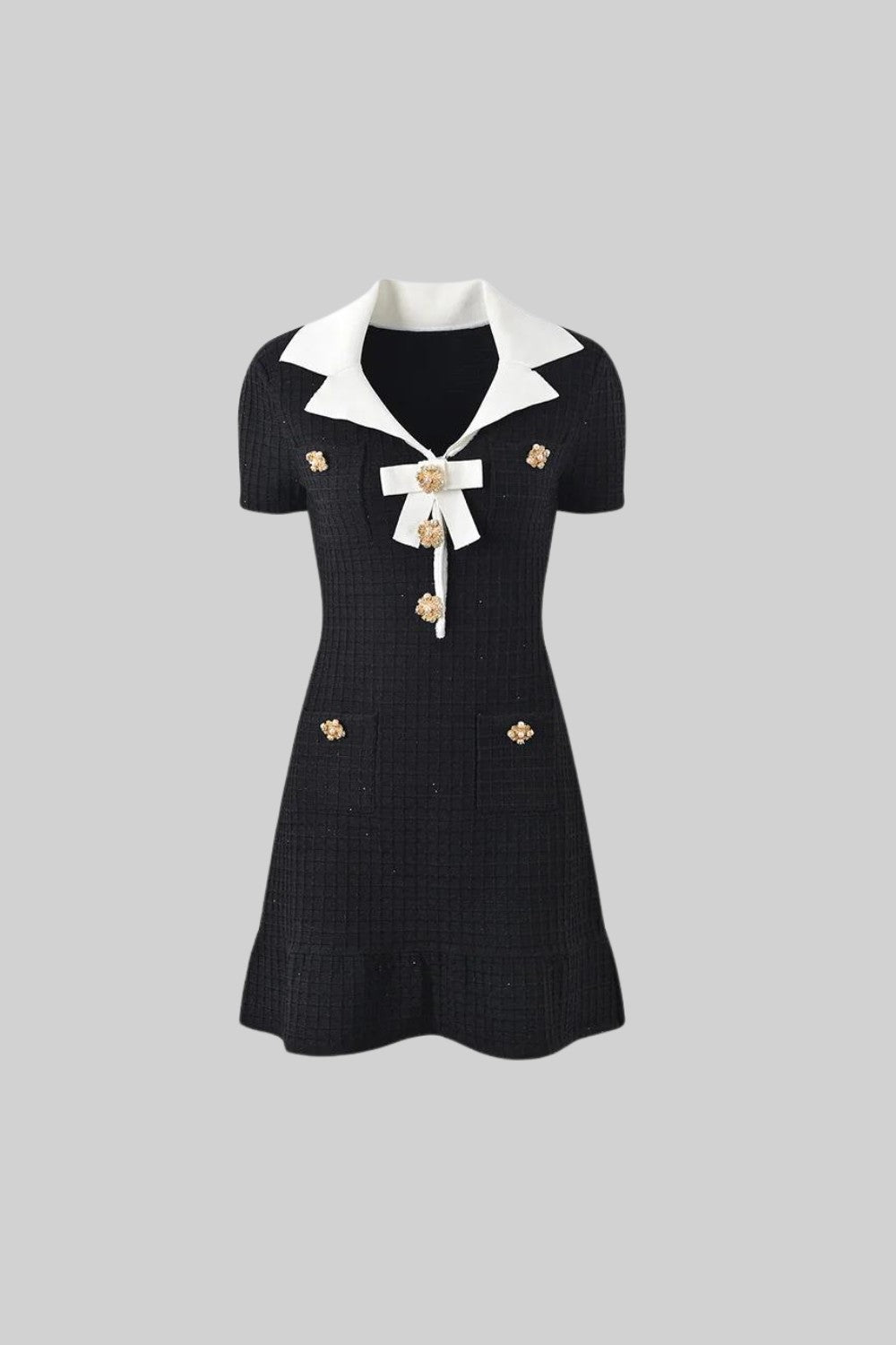 Holly Short Sleeve Embellished Bow Mini Dress - Black