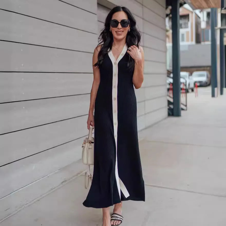 Suri Contrast Button-Front Sleeveless Maxi Dress