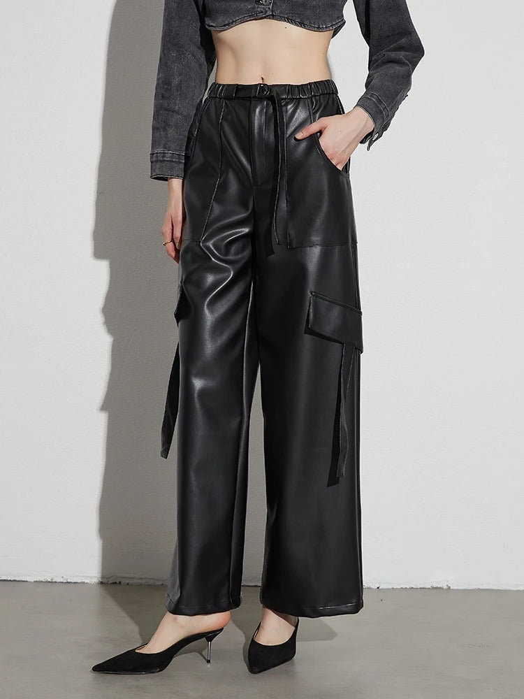 Xena Faux Leather Wide Leg Cargo Pants