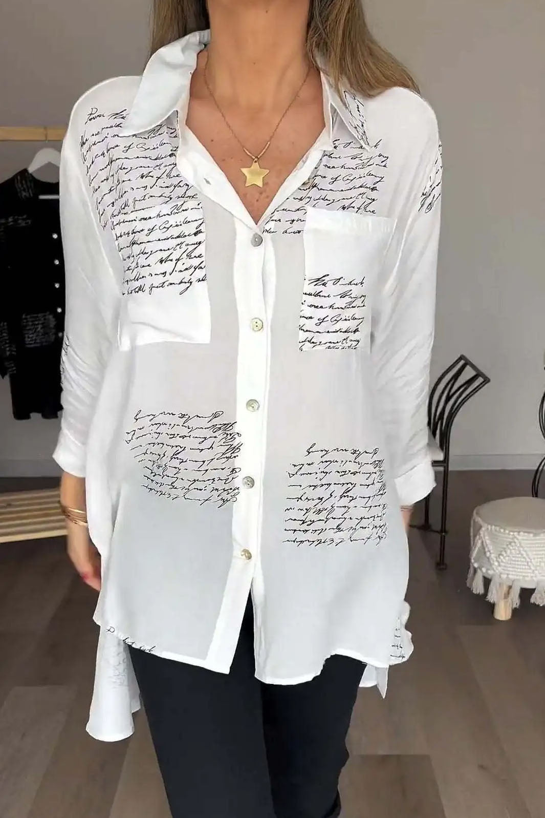 Odette Script Drop-Hem Blouse